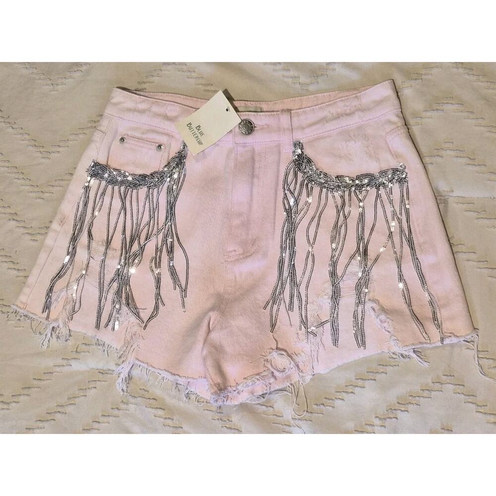 NWT Sz M Blue Buttercup Pink Distressed Diamond Western Fringe Festival Shorts